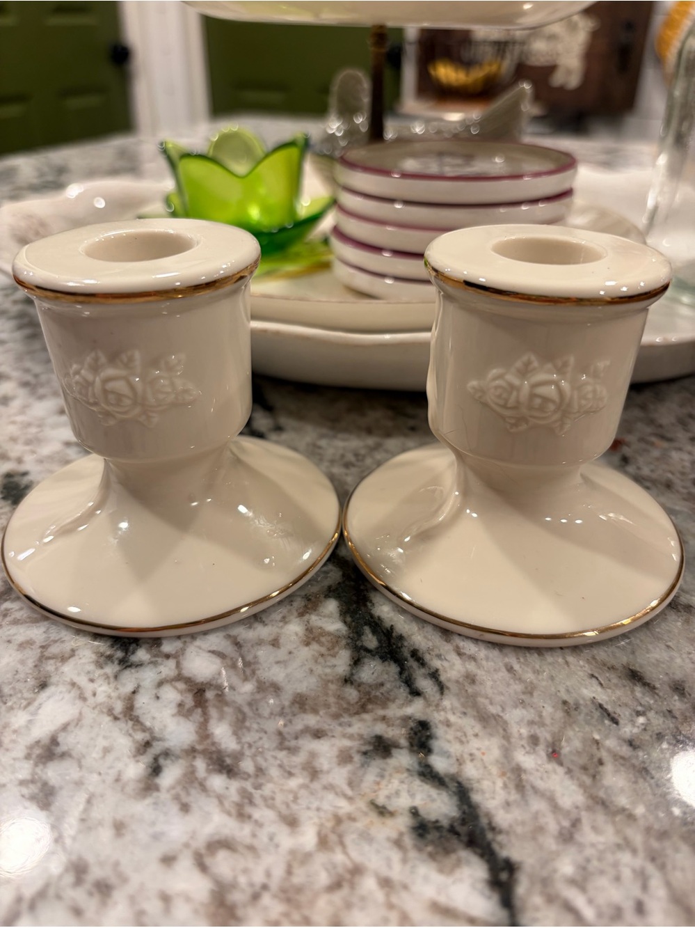 Elegant Cream Ceramic Candle Holders with Gold Trim